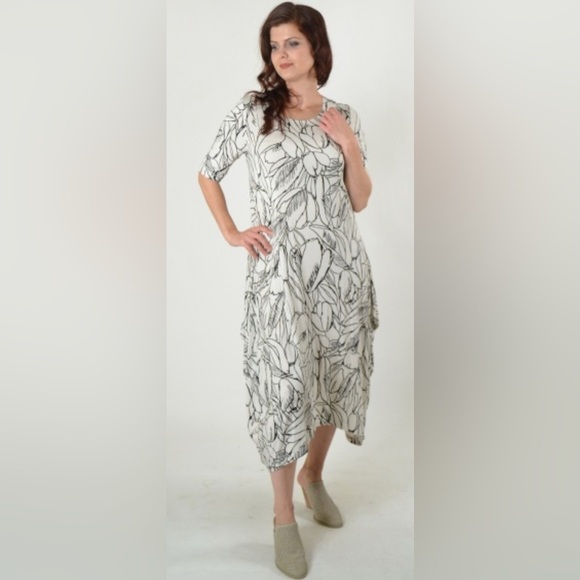 Bryn Walker Chelsea Jersey Knit Tulip Dress Floral Artsy Lagenlook Stretch Small - Picture 3 of 13